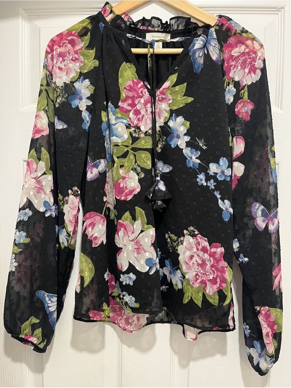 Floral Tie-Neck Sheer Blouse - Black with Pink & Blue Flowers